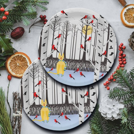 Winterfreude - Katze mit den Kardinälen von Schal- Pappteller