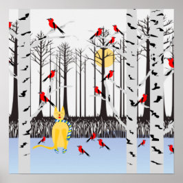 Winterfreude - Katze mit den Kardinälen von Schal- Poster