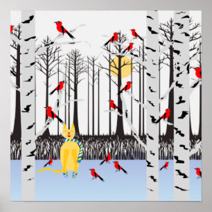 Winterfreude - Katze mit den Kardinälen von Schal- Poster