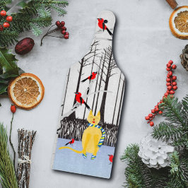 Winterfreude - Katze mit den Kardinälen von Schal- Schneidebrett