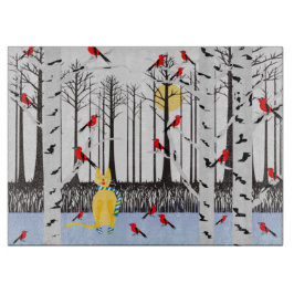 Winterfreude - Katze mit den Kardinälen von Schal- Schneidebrett