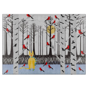 Winterfreude - Katze mit den Kardinälen von Schal- Schneidebrett