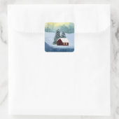 Winterfriedlandschaft Frozen Fluss Cabin Szene Quadratischer Aufkleber (Tasche)