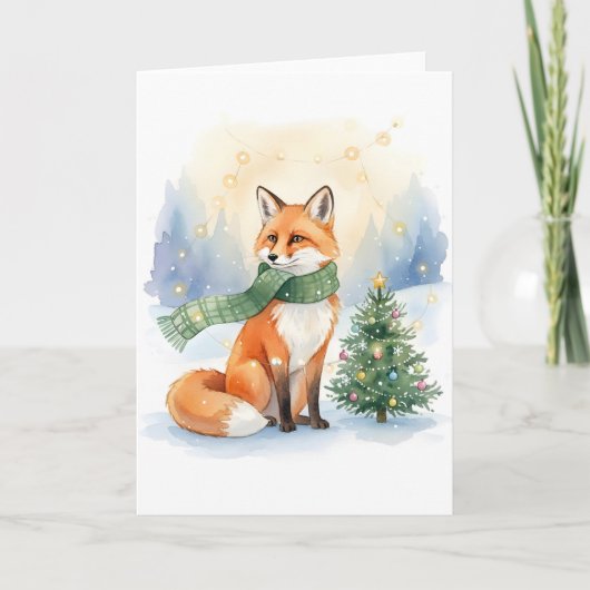 Winterfuchs mit grünem Schal und Weihnachtsbaum Karte (Vorderseite)
