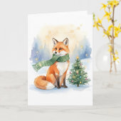 Winterfuchs mit grünem Schal und Weihnachtsbaum Karte (Gelbe Blume)