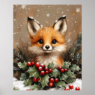 Winterfuchs mit Stechpalme und schneebedeckter Kie Poster