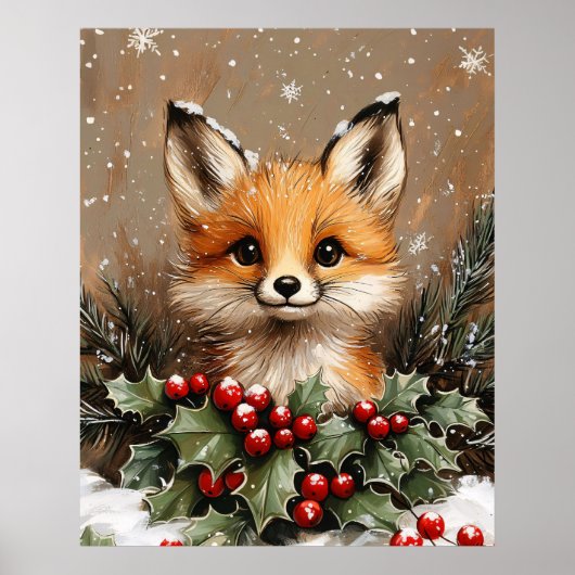 Winterfuchs mit Stechpalme und schneebedeckter Kie Poster (Vorne)