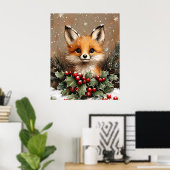 Winterfuchs mit Stechpalme und schneebedeckter Kie Poster (Heimbüro)