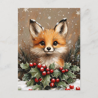 Winterfuchs mit Stechpalme und schneebedeckter Kie Postkarte