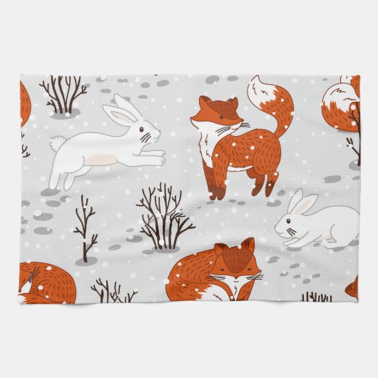Winterfüchse Bunny Seamless Muster Geschirrtuch (Horizontal)