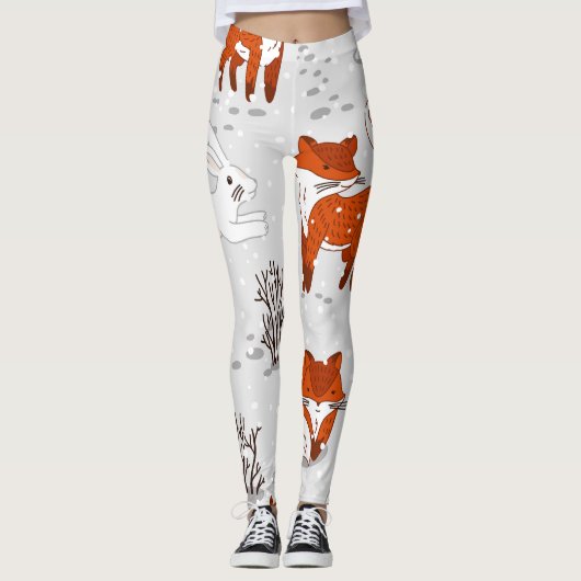 Winterfüchse Bunny Seamless Muster Leggings (Vorderseite)