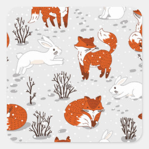 Winterfüchse Bunny Seamless Muster Quadratischer Aufkleber