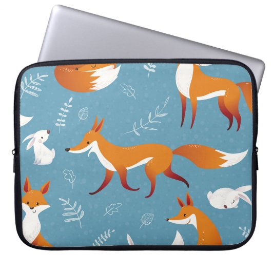 Winterfüchse, Kaninchen, Vintages Muster. Laptopschutzhülle (Vorderseite)