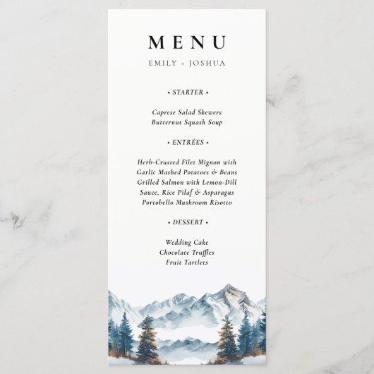 Wintergebirge Pinienbäume Hochzeit Menükarte (Vorderseite)