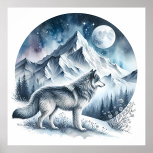 Wintergebirgslandschaft mit Wolf Poster
