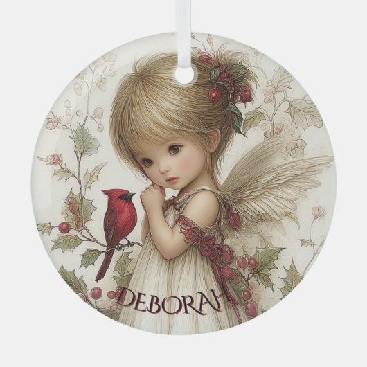Wintergeflüster – Feenkind mit Kardinal Ornament Aus Glas (Vorderseite)