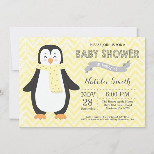 Wintergelbe Penguin Kinderdusche Einladung (Vorderseite)