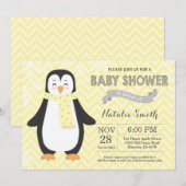 Wintergelbe Penguin Kinderdusche Einladung (Vorne/Hinten)