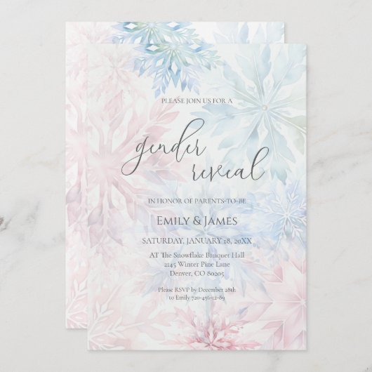 Wintergeschlecht offenbart Party Rosa Blaue Schnee Einladung (Vorne/Hinten)