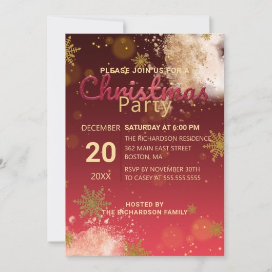 Wintergoldenschneeflocken auf Burgund Weihnachts-P Einladung (Vorderseite)