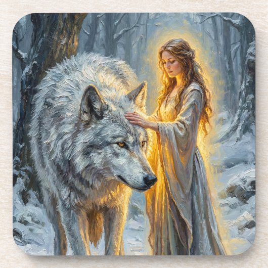 Wintergöttin & Weißer Wolf Getränkeuntersetzer (Vorderseite)