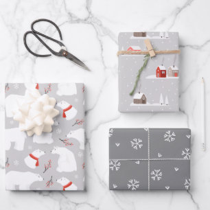Wintergrauen, Eisbär, Schneeflocken koordiniert Geschenkpapier Set