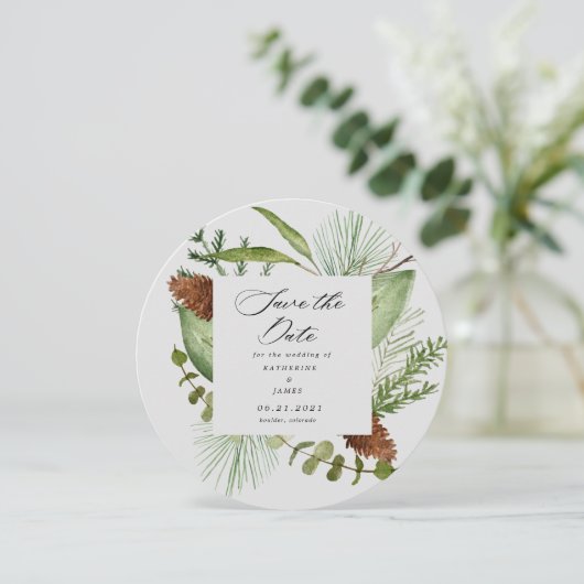 Wintergrün elegantes Save the Date Foto Einladung (Stehend Vorderseite)