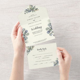 Wintergrün   Elfenbein-Eukalyptus-Hochzeit All In One Einladung