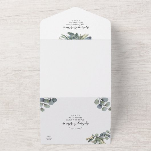 Wintergrün Eukalyptus Hochzeit in einem All In One Einladung (Außenbereich)