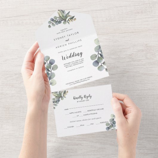 Wintergrün Eukalyptus Hochzeit in einem All In One Einladung (Abreißen)