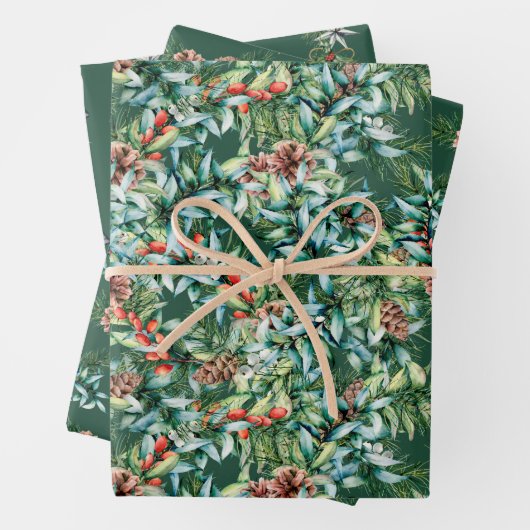 Wintergrün, Glocken und Pinecone Weihnachten Geschenkpapier Set (Beispiel)