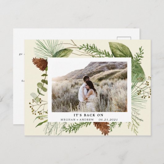 Wintergrün Save the Date Foto Postkarte (Vorne/Hinten)