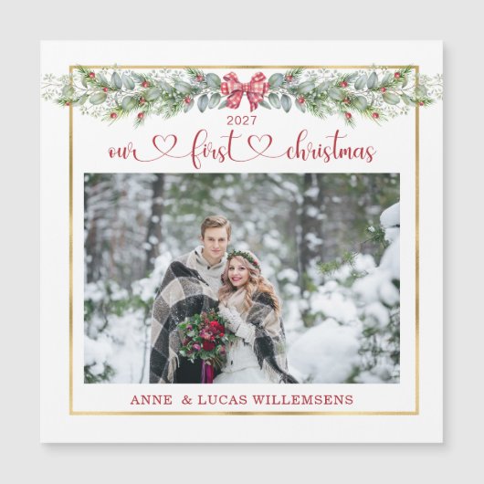 Wintergrün Unser 1. Weihnachtsfest - Foto Magnetkarte (Vorderseite)