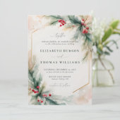 Wintergrün Weihnachten Rote Elegante Hochzeit Einladung (Stehend Vorderseite)