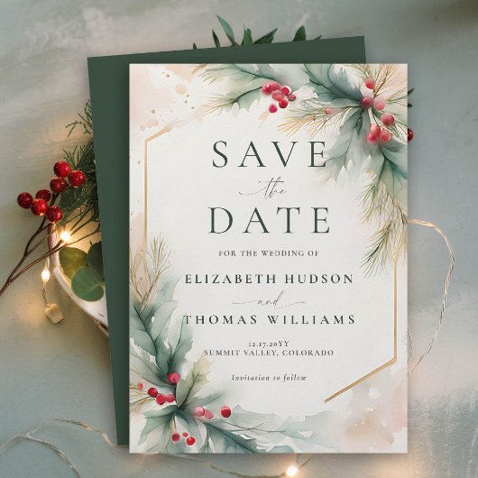 Wintergrün Weihnachten Rote Elegante Hochzeit Save The Date