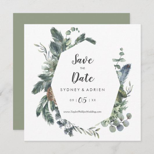Wintergrüne Hochzeit rettet das Datum Save The Date (Vorne/Hinten)