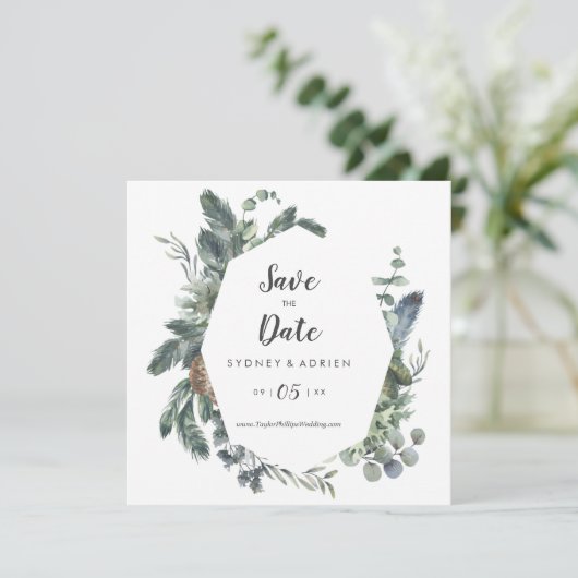 Wintergrüne Hochzeit rettet das Datum Save The Date (Stehend Vorderseite)