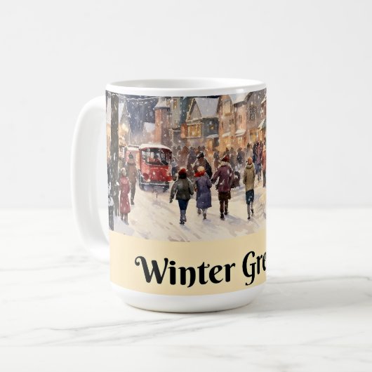 Wintergruß, schneebedeckte Stadtstraße, Kaffeetasse (Vorderseite Links)