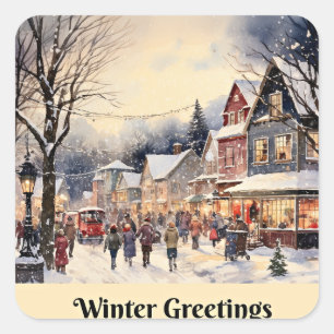 Wintergruß, schneebedeckte Stadtstraße, Quadratischer Aufkleber