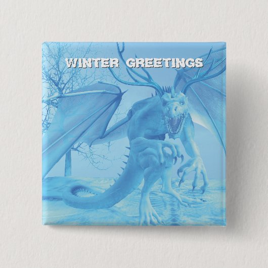 Wintergrüße. Eisdrache mit Geweih Button (Vorderseite)