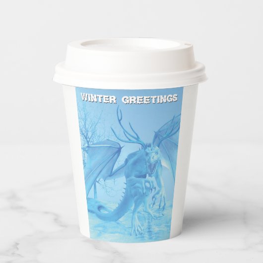 Wintergrüße. Eisdrache mit Geweih Pappbecher (Vorderseite)