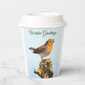 Wintergrüße. Robin singend Pappbecher (Rückseite)