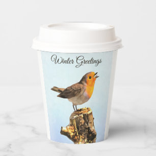 Wintergrüße. Robin singend Pappbecher