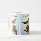 Wintergrüße. Rotkehlchen singt Kaffeetasse (Vorderseite Links)