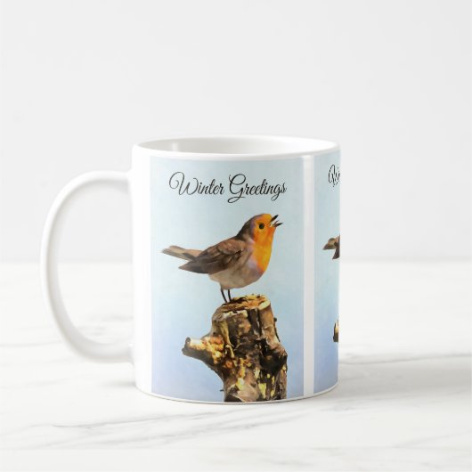 Wintergrüße. Rotkehlchen singt Kaffeetasse (Links)