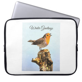 Wintergrüße. Rotkehlchen singt Laptopschutzhülle