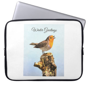 Wintergrüße. Rotkehlchen singt Laptopschutzhülle
