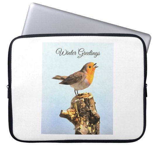 Wintergrüße. Rotkehlchen singt Laptopschutzhülle (Vorderseite)