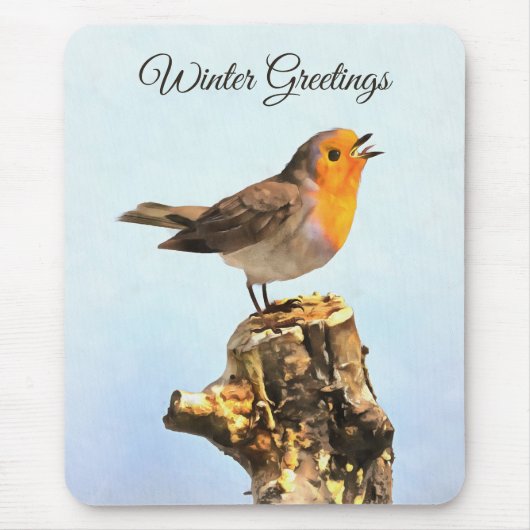 Wintergrüße. Rotkehlchen singt Mousepad (Vorne)