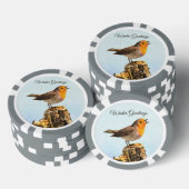 Wintergrüße. Rotkehlchen singt Pokerchips (Stapel)